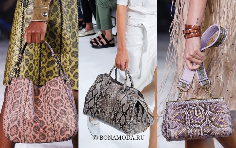 Модные женские сумки весна-лето 2018 - розовые, серые и сиреневые со змеиным принтом