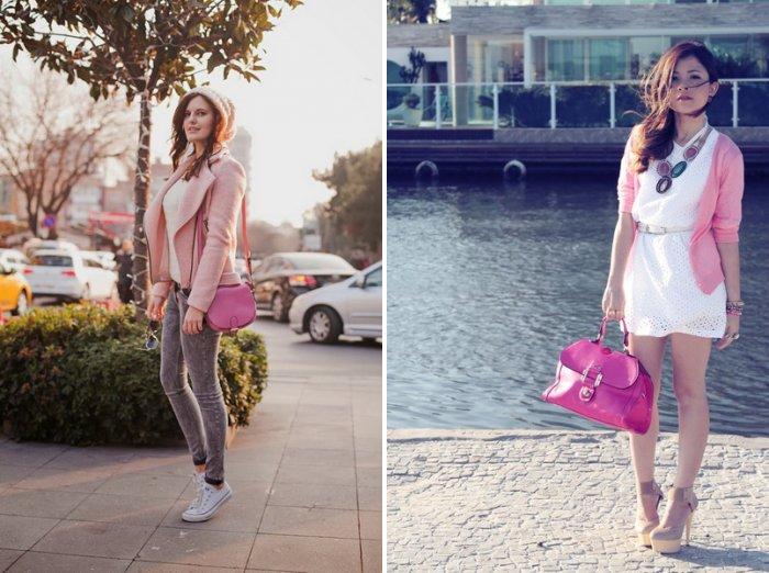 Розовая сумка со светлой одеждой